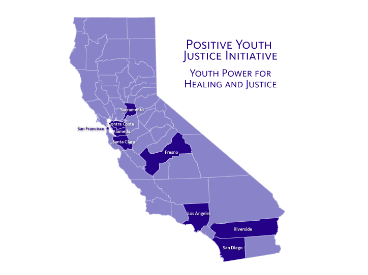 Pictured:  A map of California showing the counties which Positive Youth Justice Initiative is active in
