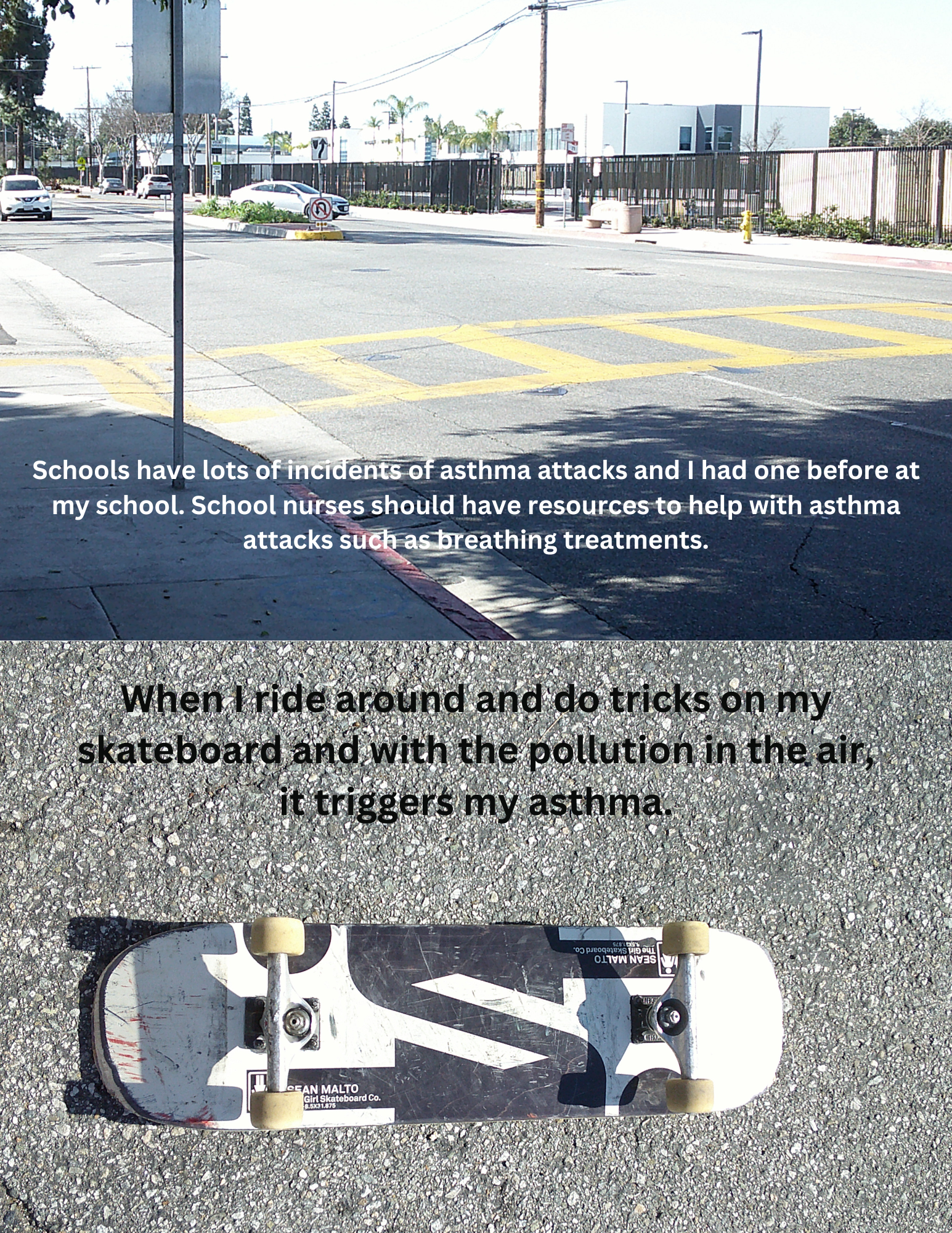 Pictured: The image is split. The top image displays a school crossing sidewalk with a railyard in the background. The sky is grey and there are several utility poles with few trees visible. The bottom image shows a client’s skateboard on top of concrete. Both images show indecipherable text. 