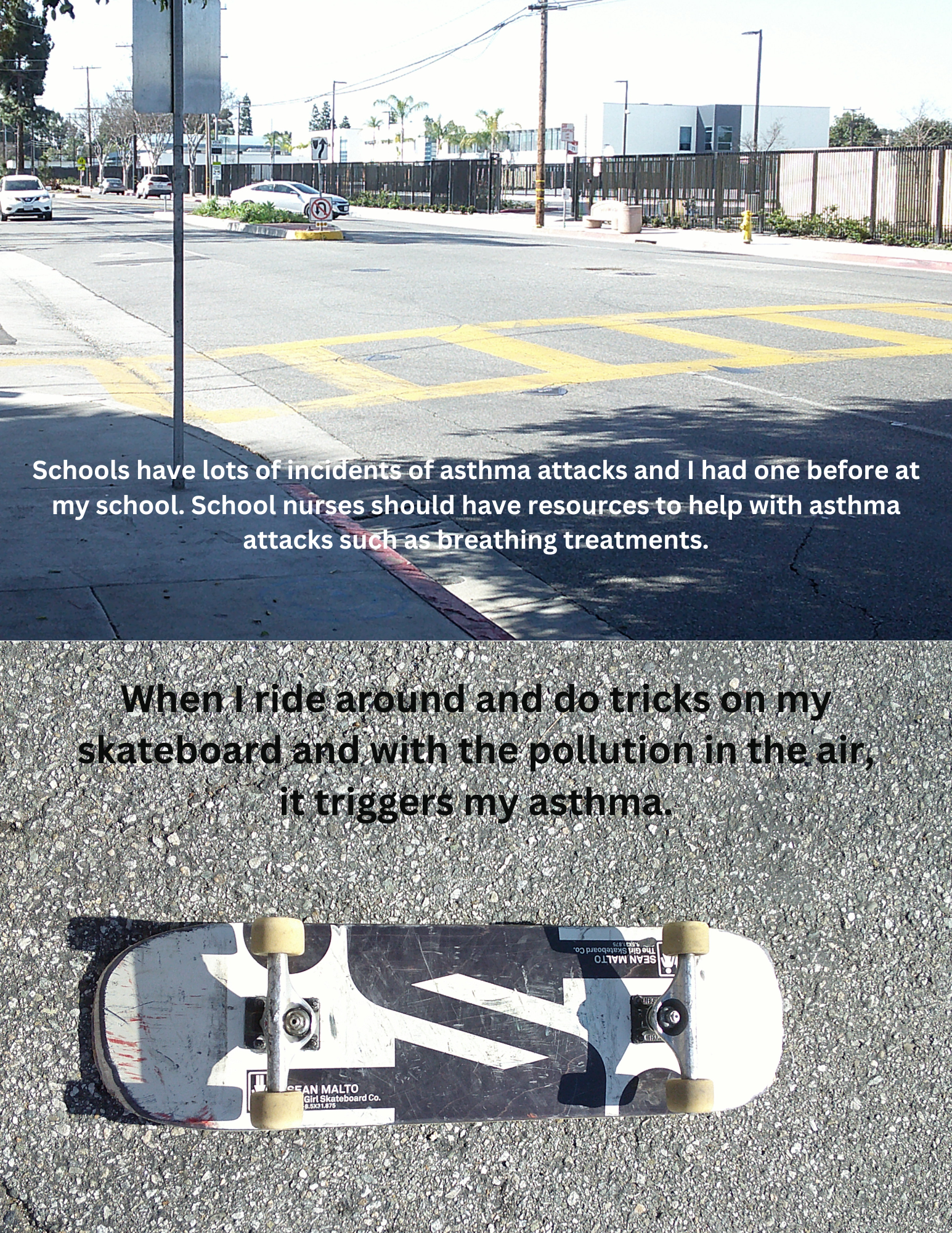 Pictured: The image is split. The top image displays a school crossing sidewalk with a railyard in the background. The sky is grey and there are several utility poles with few trees visible. The bottom image shows a client’s skateboard on top of concrete. Both images show indecipherable text.